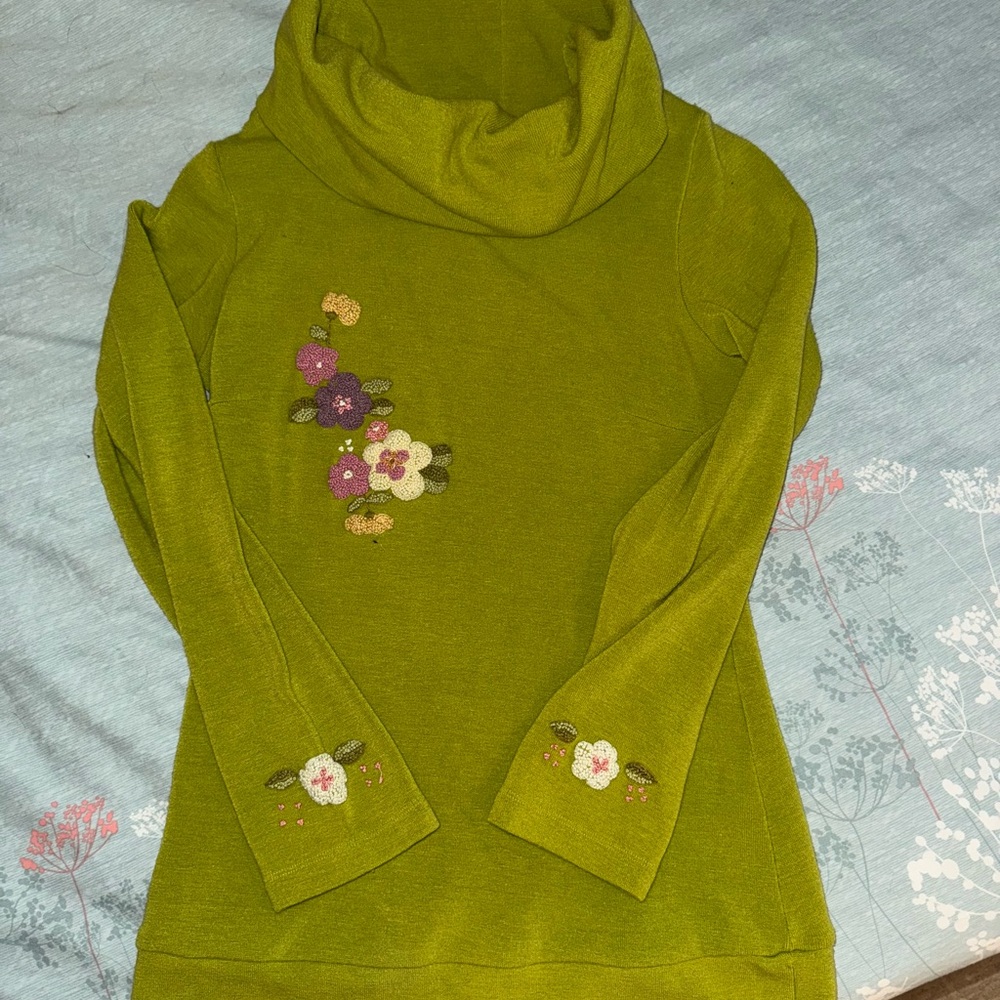 Olive Floral Women's Cowl Neck Sweater Wool/Cotton Blend